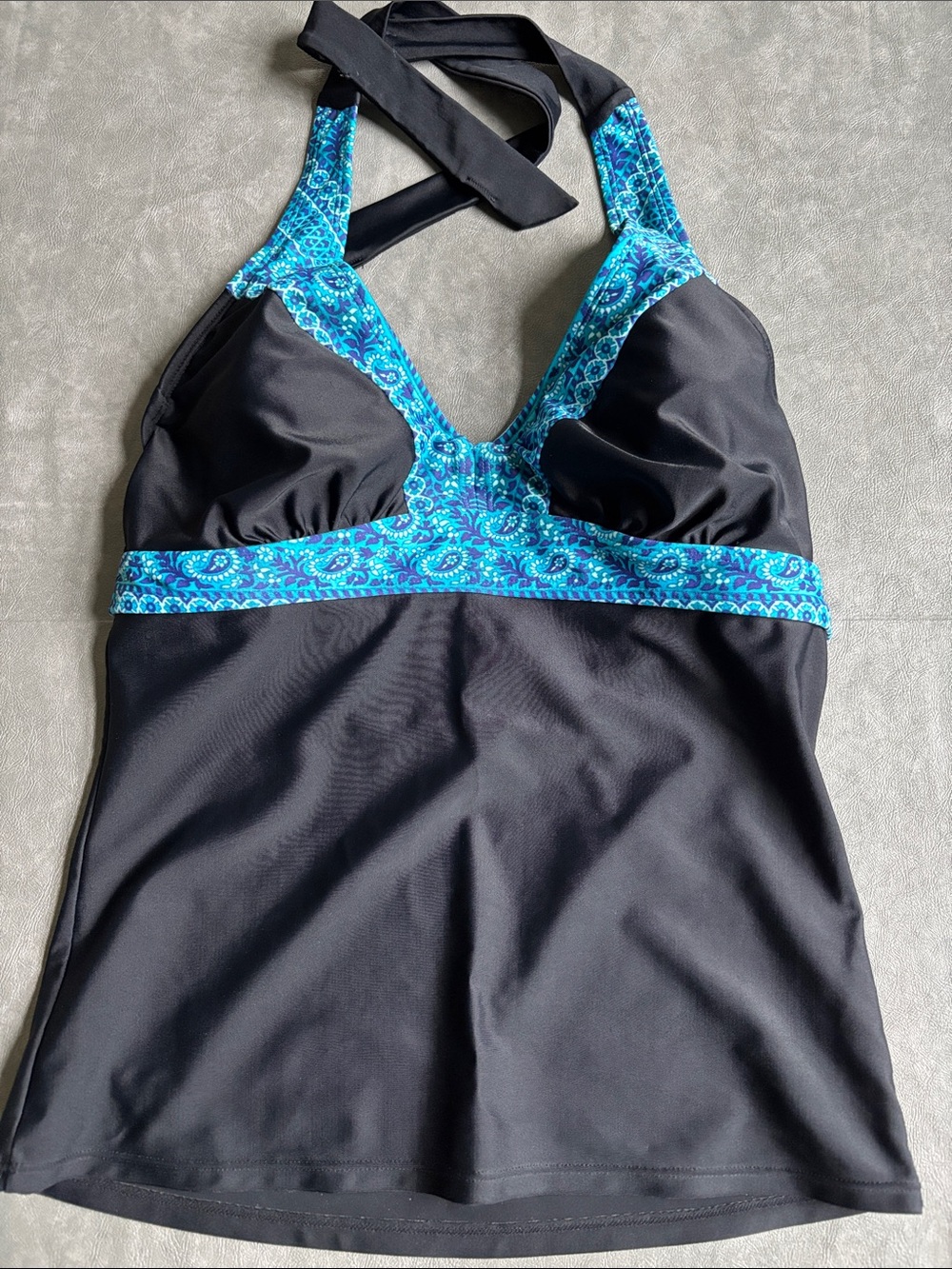 Athleta Black Tankini with Aqua Lining and Blue Print Trim Size 36 B/C Tall